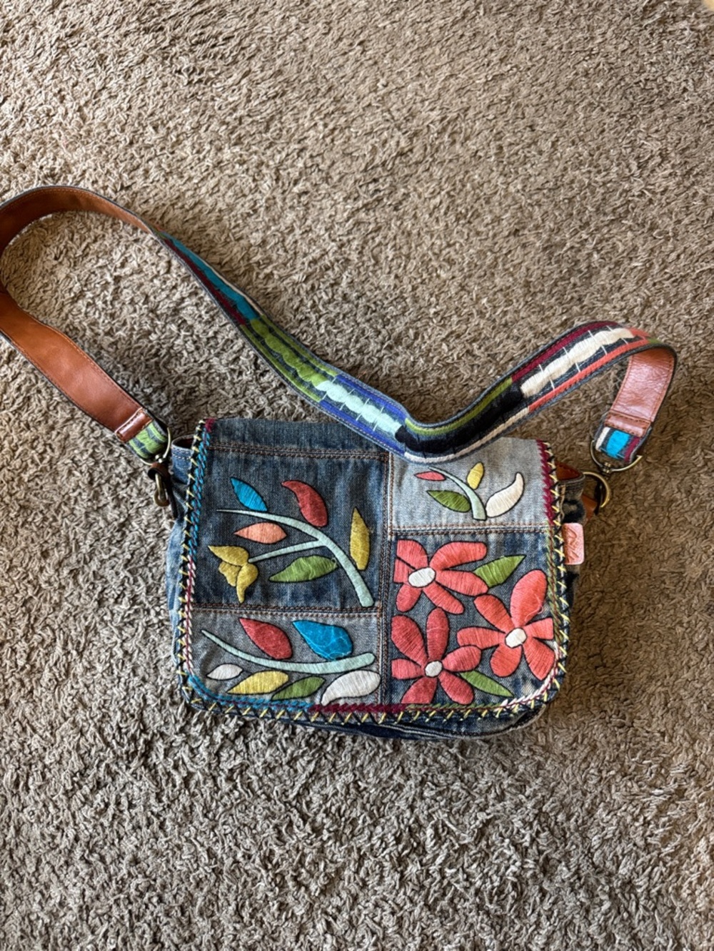Patricia Nash Denim Floral Patchwork Crossbody in Red, Blue, Green, Yellow